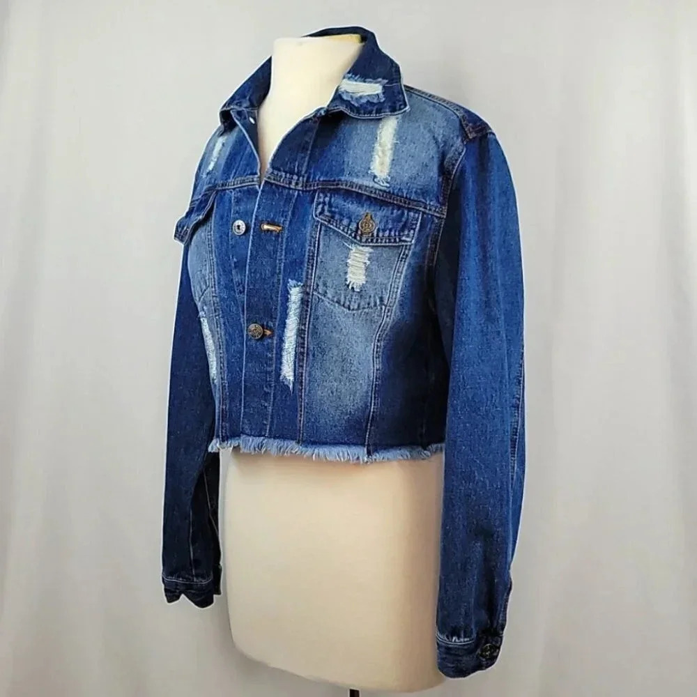 Love Tree Distressed Crop Jean Jacket with Frayed Hem Size Small